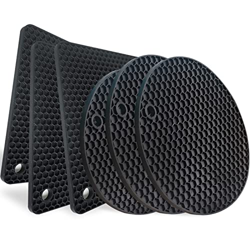 Silicone Trivet Mats, Pot Holders for Hot Dishes Heat Resistant and Anti Slip, Easy to Wash and Dry, 6 Pack Black (3 Squared + 3 Round Mats)