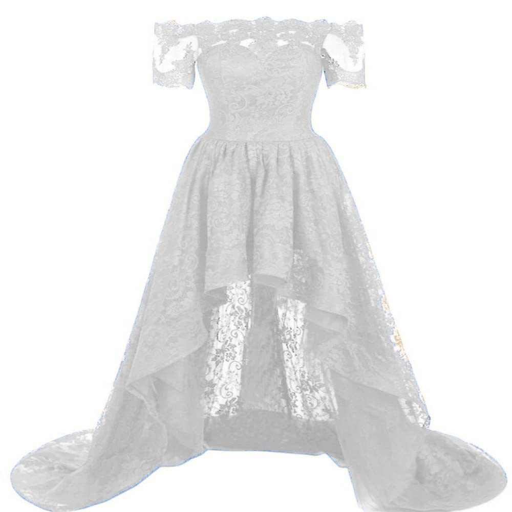 Women's Off Shoulder Hi Lo Prom Dresses Short Sleeve Lace Evening Dresses Maxi Dress Black