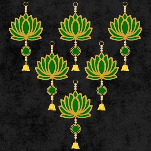 Image of ARLICORPING Wooden Lotus Wall Hanging for Festive Decoration - Diwali, Ganpati, Pooja Room, Mandir, Living Room, Door, Hall, Entrance, Spiritual Decor (Lotus + Bell-Green, Pack of 6)