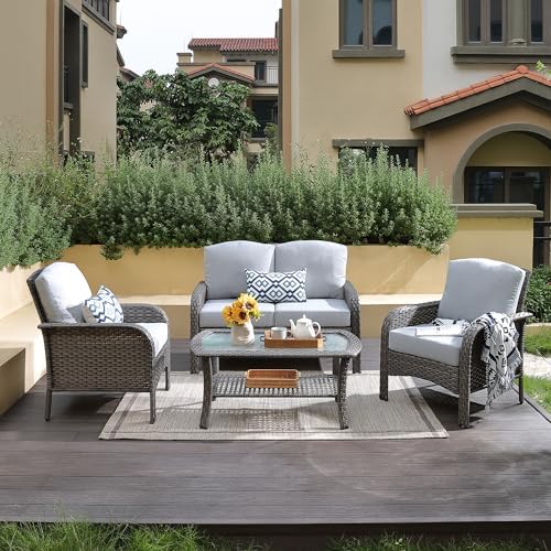 CAODOC 4-Piece Wicker Patio Furniture Set, All-Weather Rattan Con...