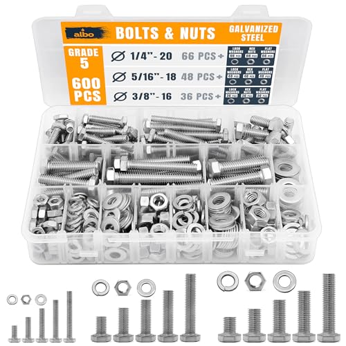ALBO 600 pcs Hex Head Bolts and Nuts Grade 5 Zinc Plated 1/4-20, 5/16-18, 3/8-16 Nut and Bolt Set with Flat and Spring Washers in Case