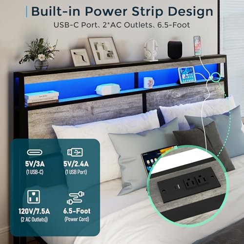 Image of SADENICEL King Size Bed Frame with 4 Storage Drawers, King Bed Frame, Grey | LED Light, Charging Station, Wood Headboard, Metal Platform, No Box Spring Needed, Noise Free, Easy Assembly