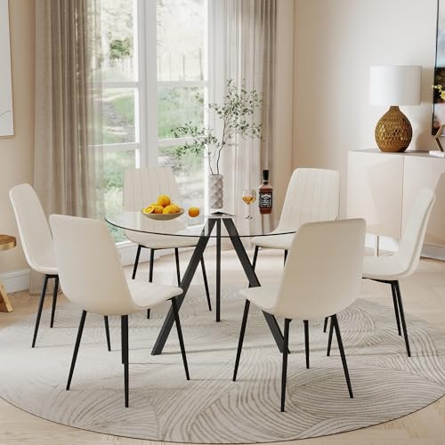 SIZOTA Round Dining Table Set for 6, 47 Tempered Glass Kitchen Table and 6 Modern Velvet Dining Room Chairs with Metal Legs for Kitchen Living Room (Black&Beige)