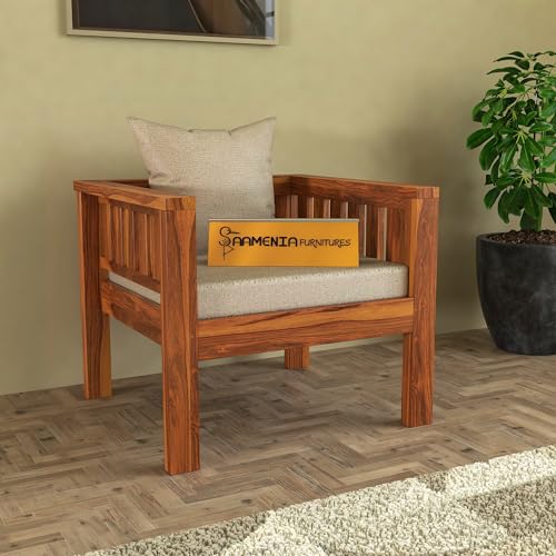 Image of Sheesham Wood Low Height Single Seater Sofa Set for Living Room Office Wooden Sofa Set for Living Room Furniture | Beige Cushion - Honey Finish