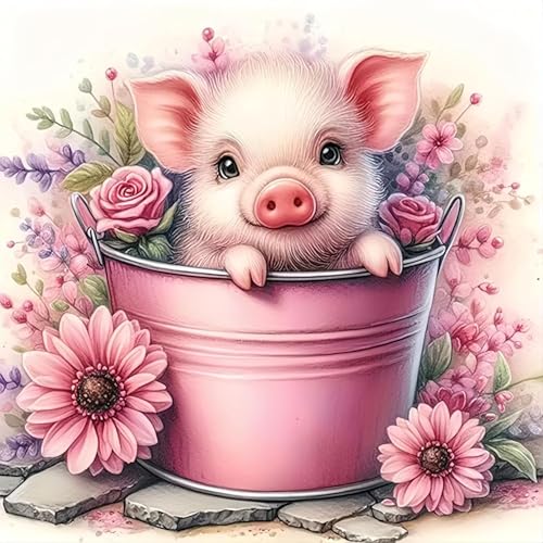 Image of Cute Pig Stamped Cross Stitch Kits for Adults Beginner, Flowers Dimensions Needlepoint Art Crafts Embroidery Kits for Adults Beginners 13.7x13.7 inches