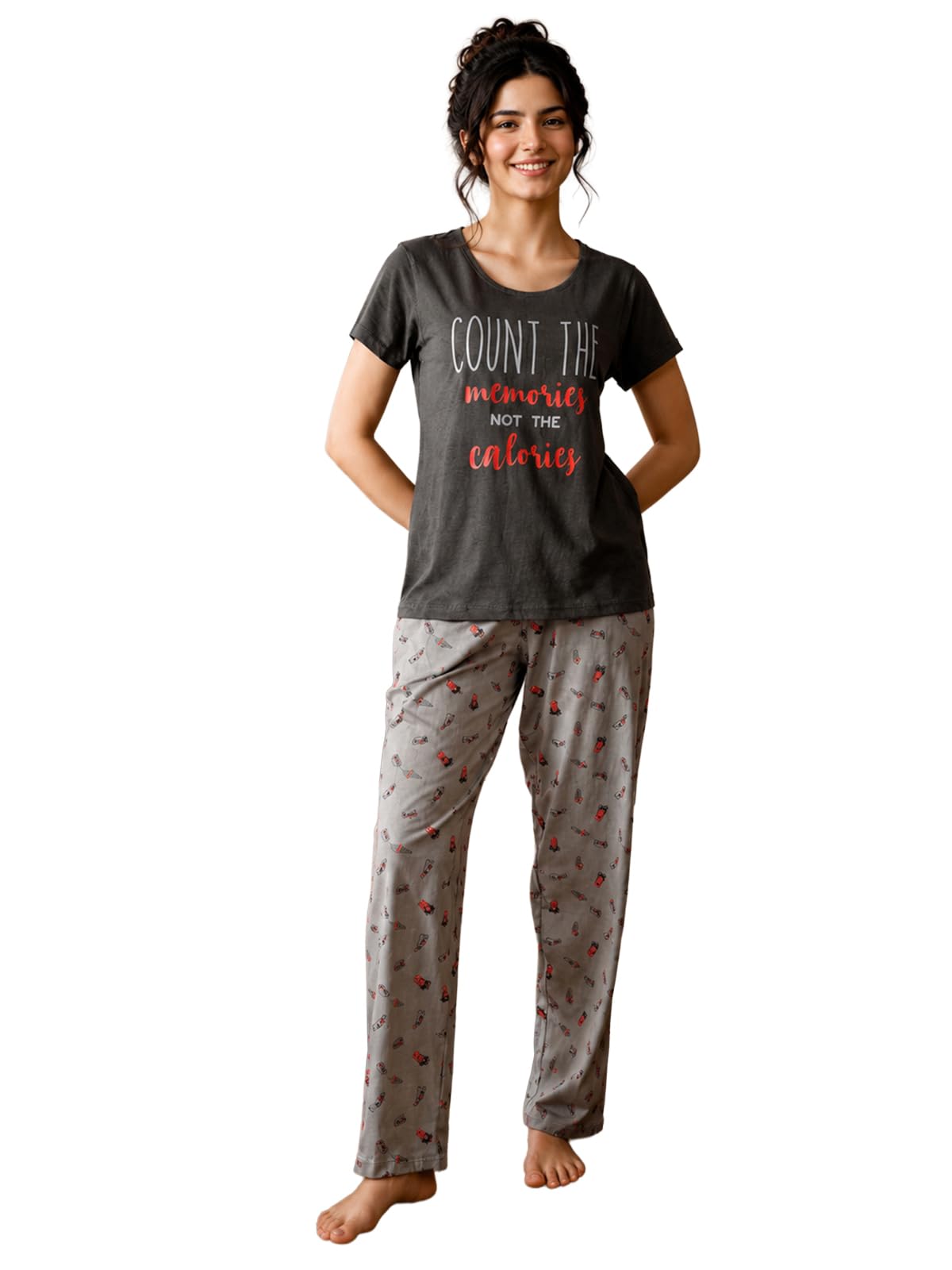 clovia Women's Cotton Printed Top & Pyjama Set in Grey-picture-11