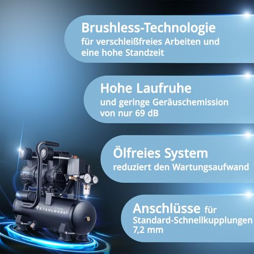 STAHLWERK Compressor ST-110 Pro met 10 bar, 2,1 pk, 1,6 kW, 210 l/min, 10 l tank olievrije persluchtcompressor, zuigercompressor, stille compressor, fluistercompressor met borstelloze motoren - Afbeelding 5