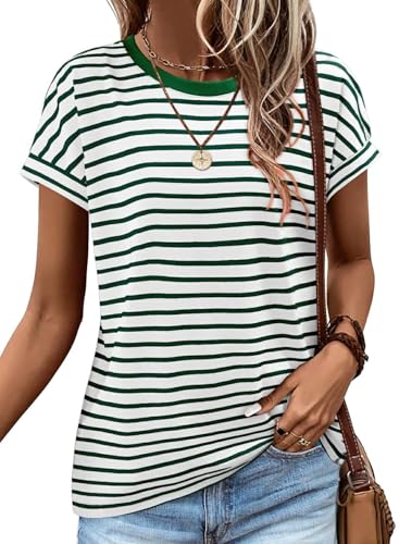 ONLYSHE Short Sleeve T Shirts for Womens Basic Crewneck Shirts Ladies Summer Tops Casual Fashion Striped Clothes Green XL