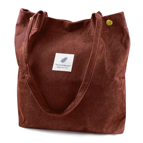 Ayieyill Bolsa feminina de veludo cotelê de lona com cordão de ombro com bolso interno, Marrom, Large
