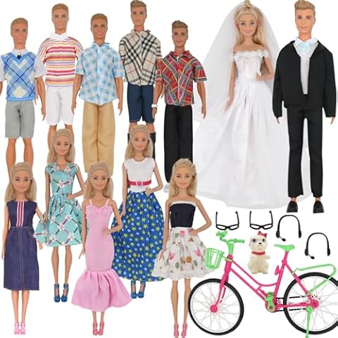 ZTWEDEN 33Pcs Doll Clothes and Accessories for 12 Inch Boy and Girl Doll, Includes 20 Wear Clothes Shirt Jeans Suit and Wedding Dresses, Glasses Earphones Dog and Bike for 12'' Boy Girl Doll Cover