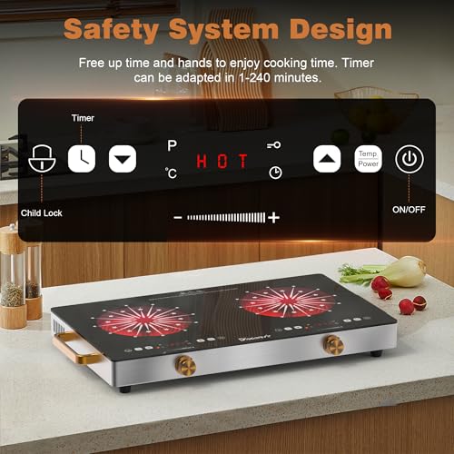 Image of 2 Burner Electric Cooktop 110V - 24 Inch(22.2 inchx 13.07 inch) Countertop Electric Stove with Handles 2000W, Two Burner Ceramic Burner with Touch and Knob Control, Timer, Safety Lock, 120V Plug in