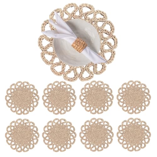 Image of Laquedecraft 13.8 inch Set of 8 Round Seagrass Placemats | Boho Woven Rattan Table Mats | Farmhouse Wicker Spring Plate Chargers Like Water Hyacinth, Seagrass for Wedding, Party, Christmas, Events
