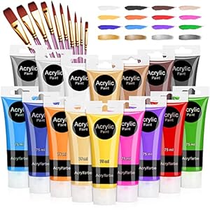 WOSTOO Acrylique 26 pcs Peinture Acryliques 16 x 75ml Tube +10 Pinceaux Tubes de Peinture Acrylique Couleurs Brillantes et résistantes à la Lumière Avec Une Grande opacité pour Débutant&Professionnels