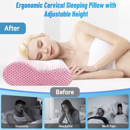 CloudBliss Memory Foam Pillow, Ergonomic Neck Contour Cervical Pillow for Back and Shoulder Pain, Orthopedic Pillow for Neck Pain Relief, for Sleeping Side, Back, Stomach Sleepers - Pink, Queen