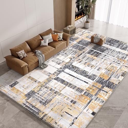 Vamcheer Tapis de Salon Moderne, 120x170 cm Tapis Doux et Épais en Mousse, Lavable et Antidérapant, Style Décoratif Contemporain pour Salon ou Chambre, Jaune Gris