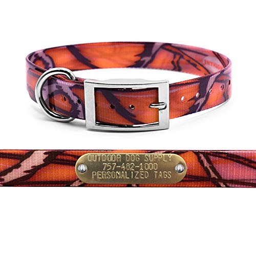 Outdoor Dog Supply's 1" Wide Pattern D Ring Dog Collar Strap with Custom Brass Name Plate (19" Long, Orange Camo)