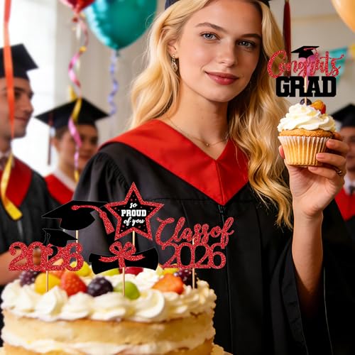Image of 48 PCS Graduation Cupcake Toppers, Glittery 6 Styles Congrats Grad Cake Topper, Black and Red Graduation Decorations 2026, Cap and Diploma Cake Picks for Grad Party Supplies