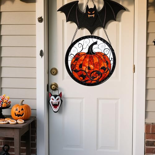 Image of Stained Glass Window Hanging - Halloween Red White Scary Pumpkin Suncatcher for Doors Garden Home Spooky Rattan Sun Catchers Gothic Decor Horror Gifts for Women Men Friend Boy Girl 6.3 in