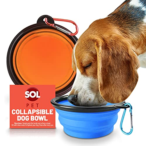 SOL 2pk Collapsible Dog Bowl, Adjustable Clip Dog Travel Bowl, Foldable Food & Water Bowl with Carabiner Clip for Outdoor & Travel Use, Lightweight, Durable, Compact & Portable Design for Easy Carry