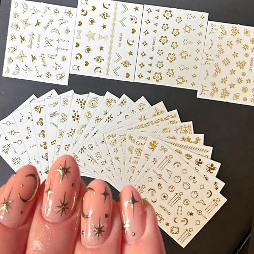30 Sheets Gold Nail Art Stickers Gold Flower Butterfly Nail Stickers Star Line Self-Adhesive Nail Decals Acrylic Nails DIY Design Nail Supplies for Women and Girls
