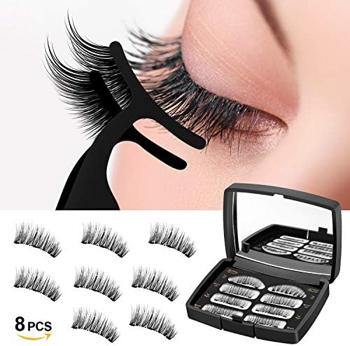 Magnetic Eyelashes 3 Magnets Fiber Fake Eyelashes, 3D Reusable Eyelashes Extensions, No Glue False Eyelashes with Tweezers 2 Pairs/8Pcs (Black)
