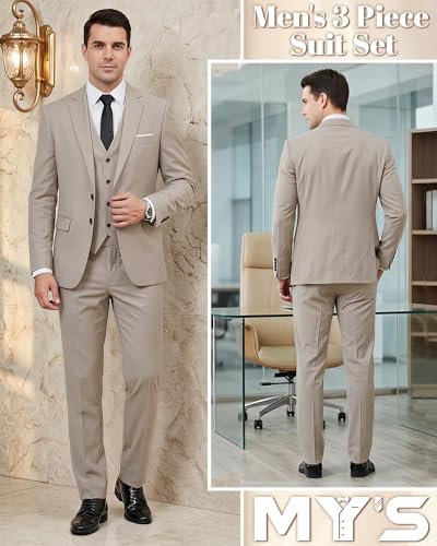 Image of MY'S Men's 3 Piece Suit Notch Lapel 2 Button Blazer Slim Fit Dress Business Party Jacket Vest Pants & Tie Set