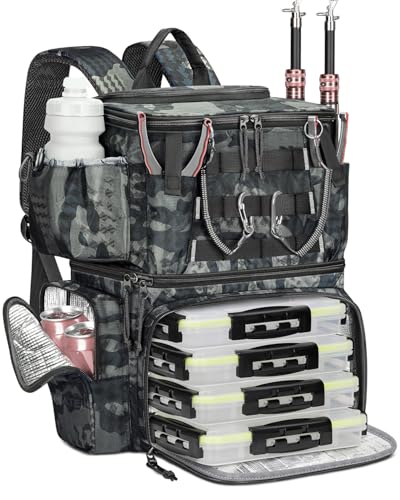 MATEIN Mochila Pesca con 4 Cajas de Aparejos y Soporte para Caña, Impermeable Mochila de Pesca con Brújula de Seguridad y Compartimento Isotérmico, Regalo para Pescadores, Camuflaje