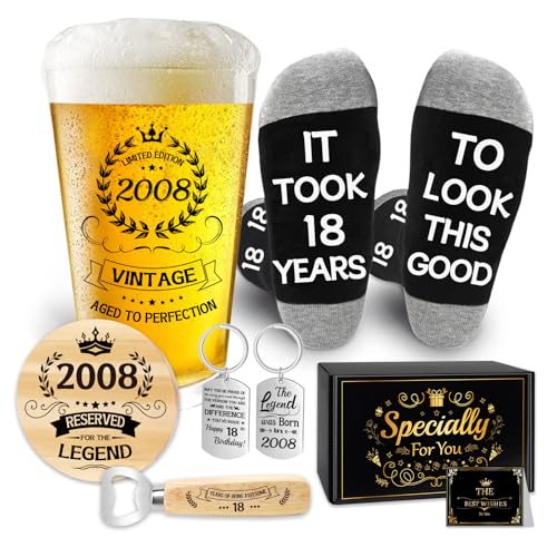 Epaing 2008 18th Birthday Gifts for Boys Beer Glass Set 18th Birthday 500ml Vintage Pint Glass Personalised Beer Glass and Socks Gifts for 18 Year Old Boys with Keyring Bottle Opener Coaster Card