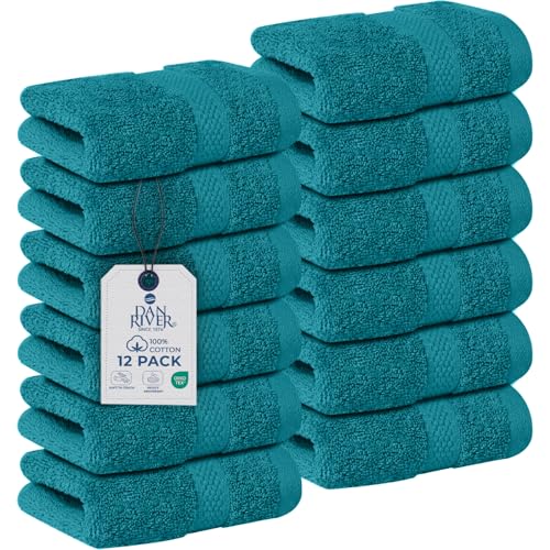 Image of DAN RIVER 12-Pack Premium 100% Cotton Teal Face Towels for Bathroom - Reusable Face Wash Cloths for Showering 12x12 Inches - 550 GSM Super Soft & Absorbent Luxury WashCloths for Body, Spa & Gym