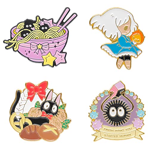 Cute Enamel Pins for Backpacks, Kawaii Anime Soot Sprites Cat Cartoon Pins for Kids, Lapel Pin Set Badges for DIY Clothing Bags Jackets Jewelry Accessory Decoration Gift (4 Pieces Cat & Girls)