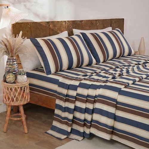 Image of Merryword Blue Cabana Striped Sheet Set King Size - 100% Cotton Striped Bedding 4 Pieces, Soft Breathable Percale Weave, 17.5 inch Deep Pocket, Luxury Linen Like, All Season Comfort