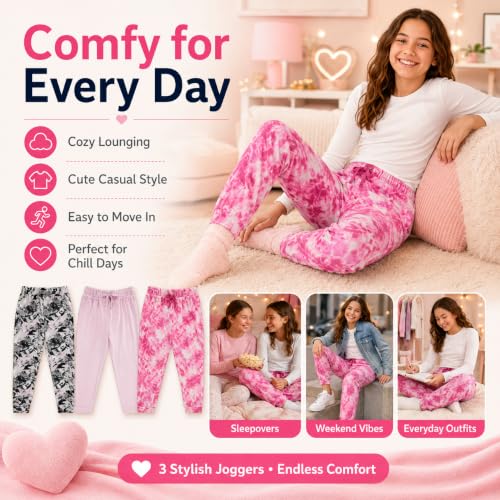 Image of BTween Girls 3 Pack Velour Jogger Pant Set Solid, Tie Dye or Camo Sweatpants for Girls