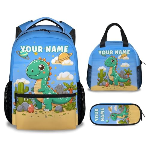 Personalized Boys Backpack with Lunch Box - Set of 3 Dinosaur School Backpacks Matching Combo - Lightweight Light Blue Bookbag and Pencil Case Bundle