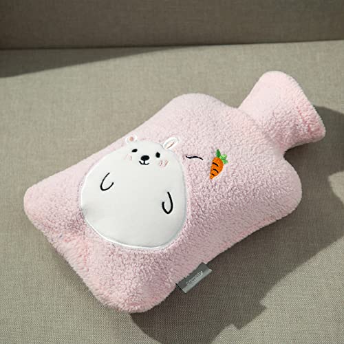 Image of Samply Transparent Hot Water Bottle- 2 Liter Water Bag with Cute Fleece Cover, Rabbit Pink