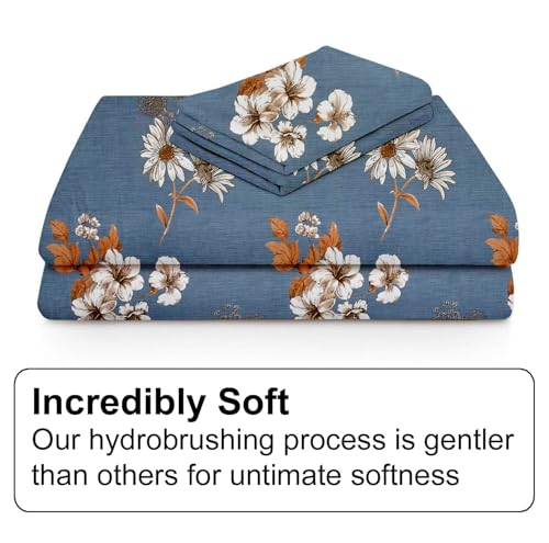 Image of FRESH FROM LOOM Floral Print Single Bed Bedsheet Set - Microfiber, 240 TC, Hypoallergenic, Includes 1 Pillow Covers (60 x 90 inch| Denim, Floral Design, Multicolor)