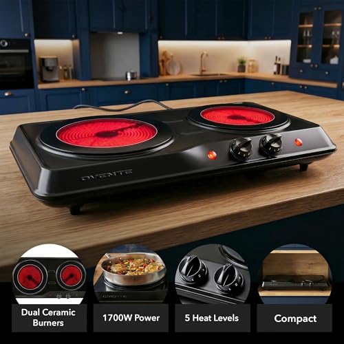 Image of OVENTE Countertop Infrared Double Burner, 1700W Electric Hot Plate and Portable Stove with 7.75 inch and 6.75 inch Ceramic Glass Cooktop, 5 Level Temperature Setting and Easy to Clean Base, Black BGI102B