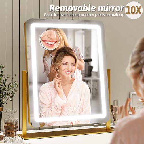 Vanity Mirror with Lights, 18"x22" LED Makeup Mirror with 10X Magnification, Smart Touch 3 Colors Dimmable, Light Up Mirror for Makeup Desk, 360° Rotation, Gold