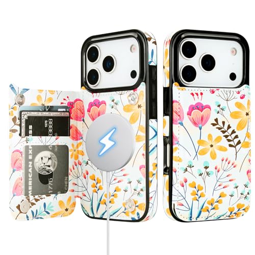 HAOPINSH Wallet Case for iPhone 17 Pro, Compatible with MagSafe Wireless Charging, Floral Flower Pattern Back Flip Folio RFID Blocking Leather Kickstand Card Slots Case Double Magnetic Clasp 6.3"