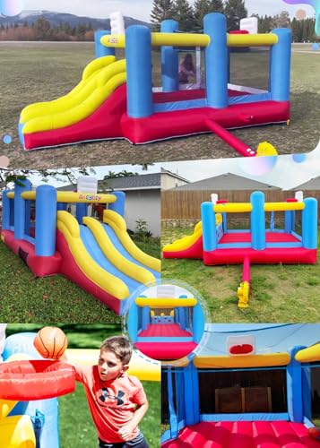 Image of AKEYDIY Inflatable Bounce House, Outdoor Indoor Bouncy House with Blower for Kids, Sports Ball Game Theme Park Bouncer w /Double Slide, Large Bounce Area, 2 Basketball Hoops, Removable Volleyball Net