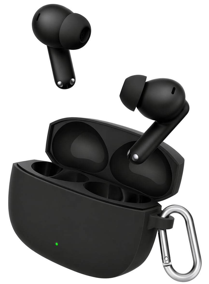 Silicone Case for OnePlus Nord Buds 4 Pro TWS Earbuds, Shockproof Cover with Heavy Duty Carabiner, LED Visible (Black) — Amazon image 2