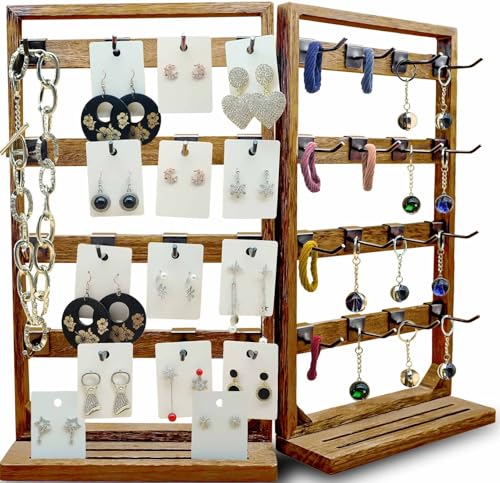 Jewack Wooden Foldable Jewelry Display Stand with Removable 32 Hooks,