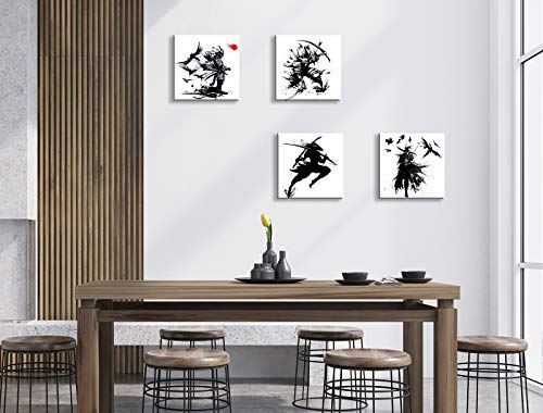 Japanese Samurai Canvas Wall Art Black And White Warrior Figure Painting Modern Home For Office Living Room Decor Minimalism Ancient Character Posters Decorations Stretched And Framed Ready To Hang #TOP4