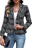 ELLEVEN Womens Blazer Business Casual Suit Jackets Tweed Blazers for Women Slim Fit Fitted Outfits Long Sleeve Stand Collar Blazer Dressy Coat Cardigan with Padded Shoulder Black Large