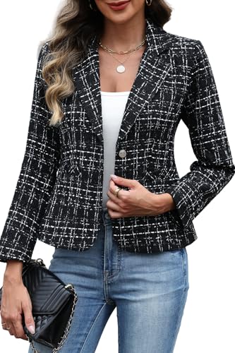 ELLEVEN Womens Blazer Business Casual Suit Jackets Tweed Blazers for Women Slim Fit Fitted Outfits Long Sleeve Stand Collar Blazer Dressy Coat Cardigan with Padded Shoulder Black Large