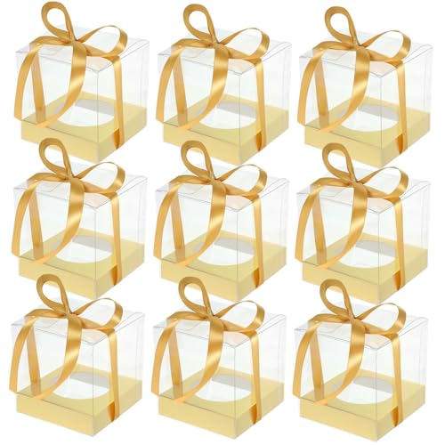 Cabilock Delicate Cake Carrying Box Transparent Pet with Gold Ribbon 30pcs for Bakery Cafe Use