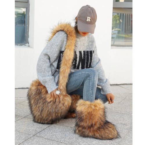 yamerbo Women's Heart Shaped Furry Shoulder Tote Bag Winter Faux Fur Mid-Calf Snow Boots set Y2K Girl Handbag Warm Snow Boots4