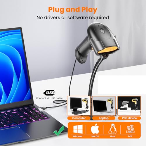 Image of HIROBOT QR /2D /1D Barcode Scanner with Stand, Wired Handheld Barcode Reader Compatible with QR Code & Barcode, Camera Button Scan /Induction and Continuous Automatic Scan (BlackOrange)