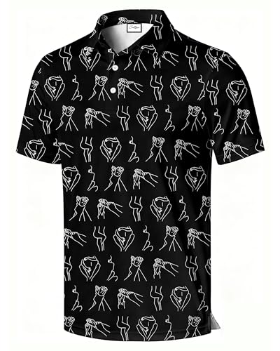 COOLLYME Men's Polo Shirt, Black with White Line Art Pattern, Short Sleeve, Button Down Collar, 100% Polyester
