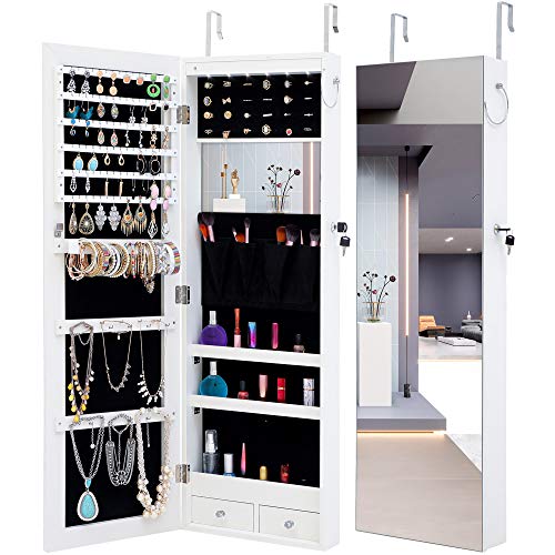Lovinland Hanging Jewelry Cabint with Mirrow and LED Lights,Mirrored Jewelry Armoire Hung on The Door or Wall for Living Room or Bedroom (White)