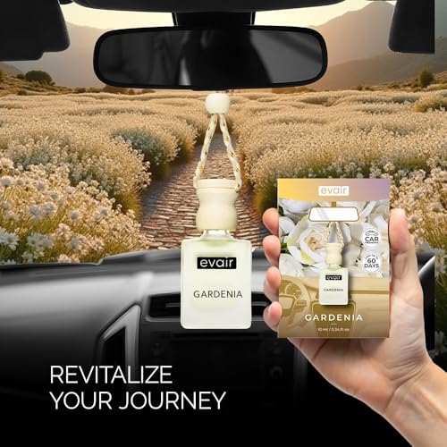Image of Evair Gardenia Car Air Freshener | Hanging Car Perfume | Premium Car Fresheners | Car Aroma with Essential Oils| Hanging Perfume for Car in Glass Bottle with Wooden Diffuser Lid (10ml, Pack of 1)